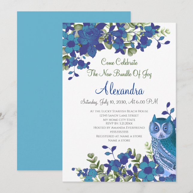 Carte Elégant Eucalyptus bleu Turquoise Chouette florale (Devant / Derrière)