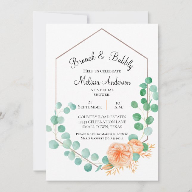 Carte Élégant Eucalyptus Green Peach Bridal Brunch (Devant)