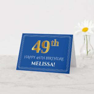 Carte Élégant Faux Aspect Or 49e Anniversaire, Nom (Bleu