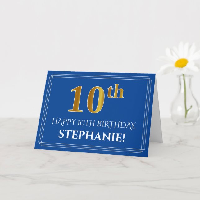 Carte Elégant Faux Gold Look 10e anniversaire, nom (bleu (Petite plante)