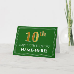 Carte Elégant Faux Gold Look 10e anniversaire, nom (vert