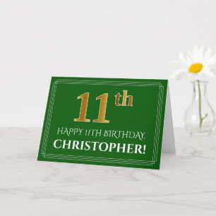 Carte Elégant Faux Gold Look 11e anniversaire, nom (vert