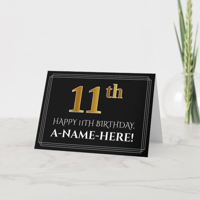 Carte Elégant Faux Gold Look "11ème" Anniversaire + Nom (Devant)