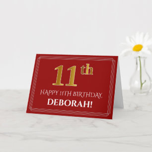 Carte Elégant Faux Gold Look "11ème" Anniversaire, Nom (