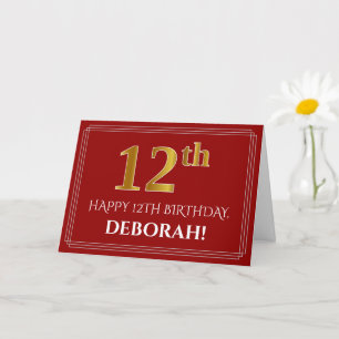 Carte Elégant Faux Gold Look "12ème" Anniversaire, Nom (