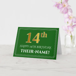 Carte Elégant Faux Gold Look 14e anniversaire, nom (vert