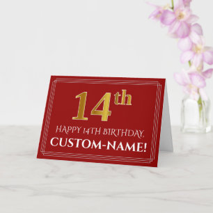 Carte Elégant Faux Gold Look "14ème" Anniversaire, Nom (