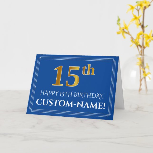 Carte Elégant Faux Gold Look 15e anniversaire, nom (bleu (Fleur jaune)