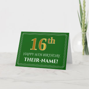 Carte Elégant Faux Gold Look 16e anniversaire, nom (vert