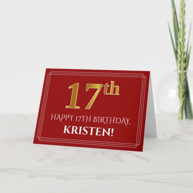 Carte Elégant Faux Gold Look "17ème" Anniversaire, Nom ( (Devant)