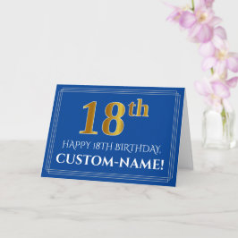 Carte Elégant Faux Gold Look 18e anniversaire, nom (bleu