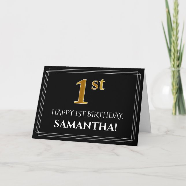 Carte Elégant Faux Gold Look "1er" Anniversaire + Nom (Devant)