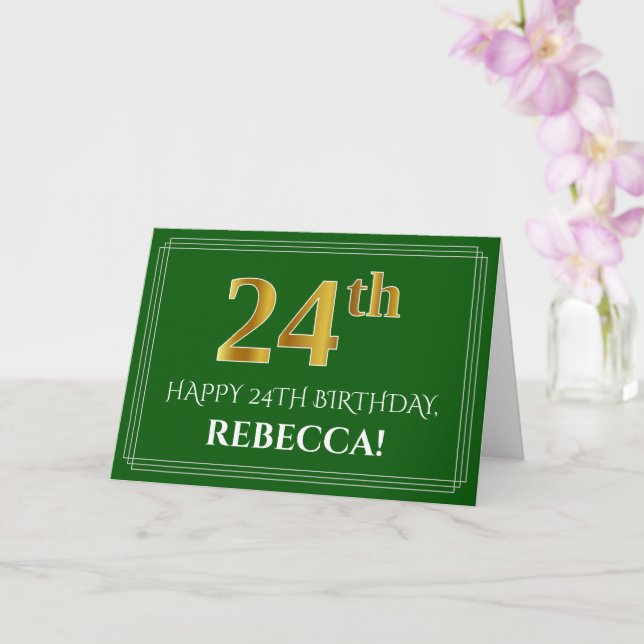 Carte Elégant Faux Gold Look 24e anniversaire, nom (vert (Orchidée)