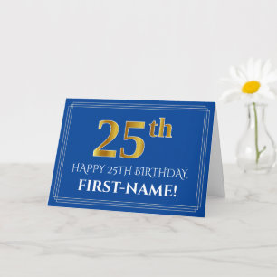 Carte Elégant Faux Gold Look 25e anniversaire, nom (bleu