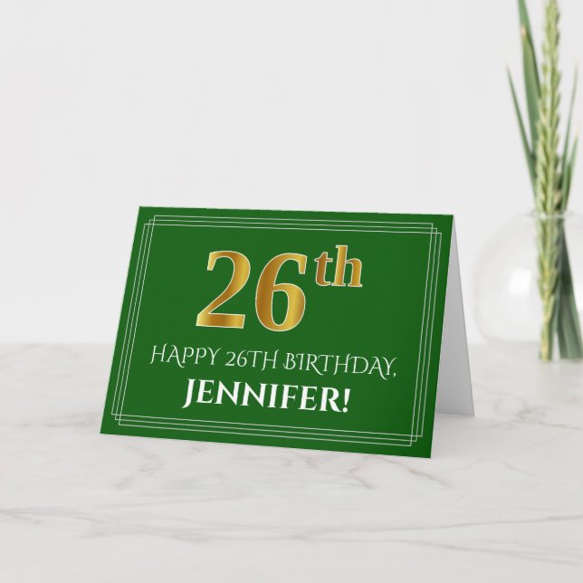 Carte Elégant Faux Gold Look 26e anniversaire, nom (vert (Devant)