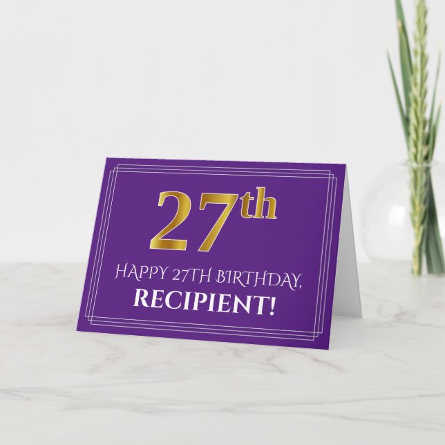 Carte Elégant Faux Gold Look 27e anniversaire, nom; viol (Devant)