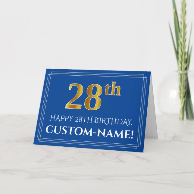 Carte Elégant Faux Gold Look 28e anniversaire, nom (bleu (Devant)