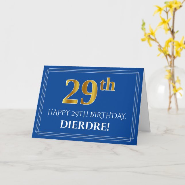Carte Elégant Faux Gold Look 29e anniversaire, nom (bleu (Fleur jaune)