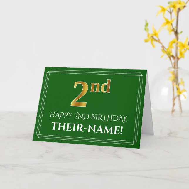 Carte Elégant Faux Gold Look 2e anniversaire, nom (vert) (Fleur jaune)