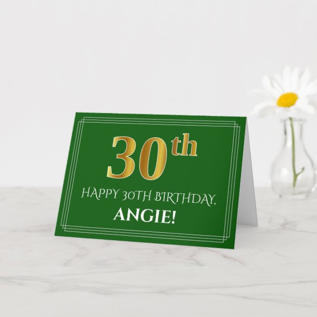 Carte Elégant Faux Gold Look 30e anniversaire, nom (vert (Petite plante)