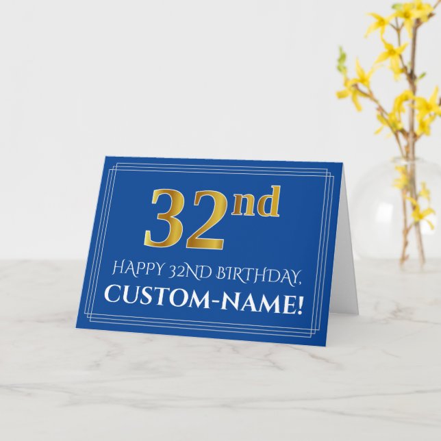 Carte Elégant Faux Gold Look 32e anniversaire, nom (bleu (Fleur jaune)