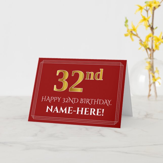 Carte Elégant Faux Gold Look "32ème" Anniversaire, Nom ( (Fleur jaune)