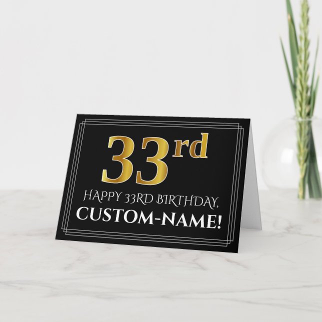 Carte Elégant Faux Gold Look "33ème" Anniversaire + Nom (Devant)