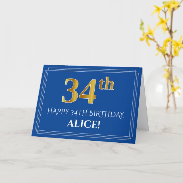 Carte Elégant Faux Gold Look 34e anniversaire, nom (bleu (Fleur jaune)