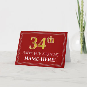 Carte Elégant Faux Gold Look "34ème" Anniversaire, Nom (
