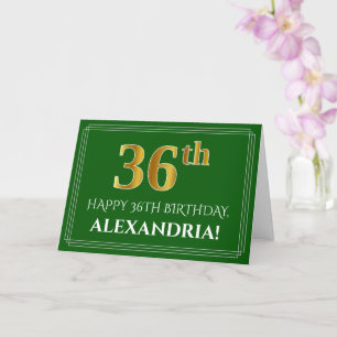 Carte Elégant Faux Gold Look 36e anniversaire, nom (vert
