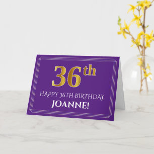 Carte Elégant Faux Gold Look 36e anniversaire, nom;Viole