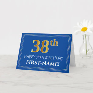 Carte Elégant Faux Gold Look 38e anniversaire, nom (bleu