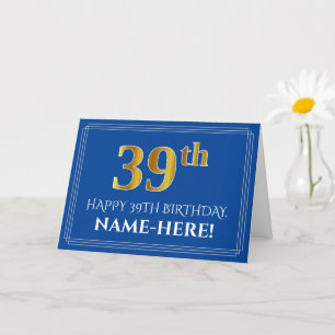Carte Elégant Faux Gold Look 39e anniversaire, nom (bleu