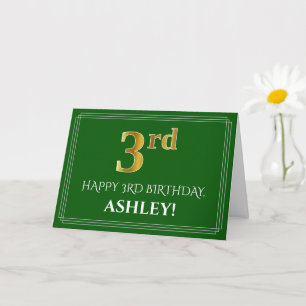 Carte Elégant Faux Gold Look 3ème anniversaire, nom (ver