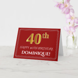 Carte Elégant Faux Gold Look "40ème" Anniversaire, Nom (