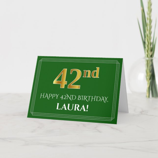 Carte Elégant Faux Gold Look 42e anniversaire, nom (vert (Devant)