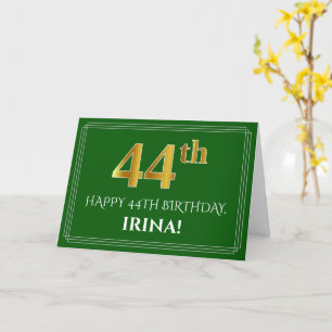 Carte Elégant Faux Gold Look 44e anniversaire, nom (vert