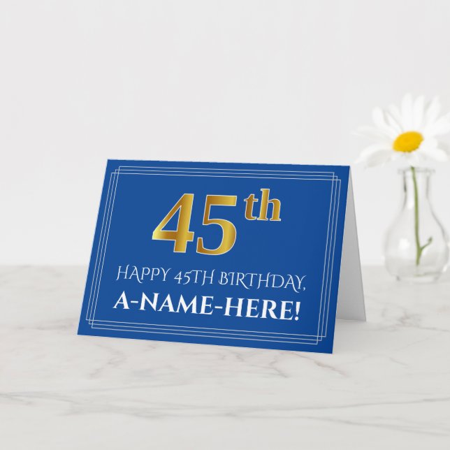 Carte Elégant Faux Gold Look 45e anniversaire, nom (bleu (Petite plante)