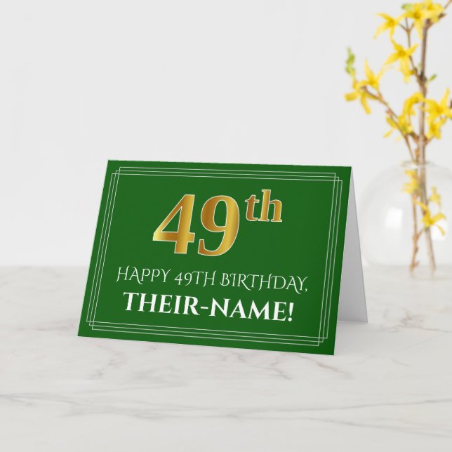 Carte Elégant Faux Gold Look 49e anniversaire, nom (vert (Fleur jaune)