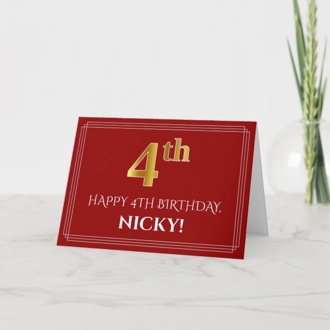 Carte Elégant Faux Gold Look "4ème" Anniversaire, Nom (R (Devant)