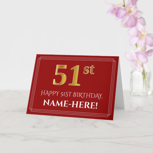 Carte Elégant Faux Gold Look "51ème" Anniversaire, Nom ( (Orchidée)