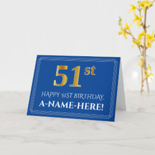 Carte Elégant Faux Gold Look 51ème anniversaire, nom (bl