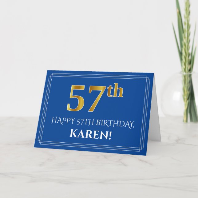 Carte Elégant Faux Gold Look 57e anniversaire, nom (bleu (Devant)