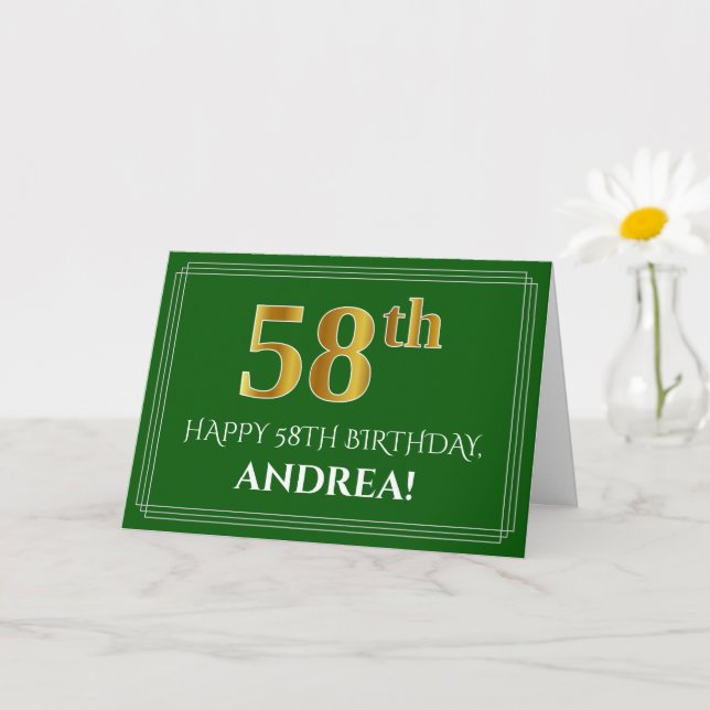 Carte Elégant Faux Gold Look 58e anniversaire, nom (vert (Petite plante)