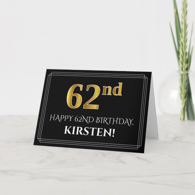 Carte Elégant Faux Gold Look "62ème" Anniversaire + Nom (Devant)