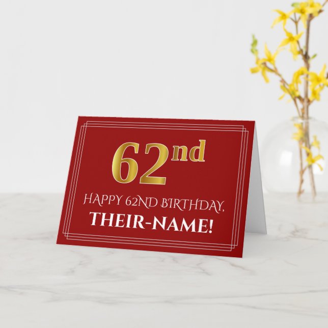 Carte Elégant Faux Gold Look "62ème" Anniversaire, Nom ( (Fleur jaune)