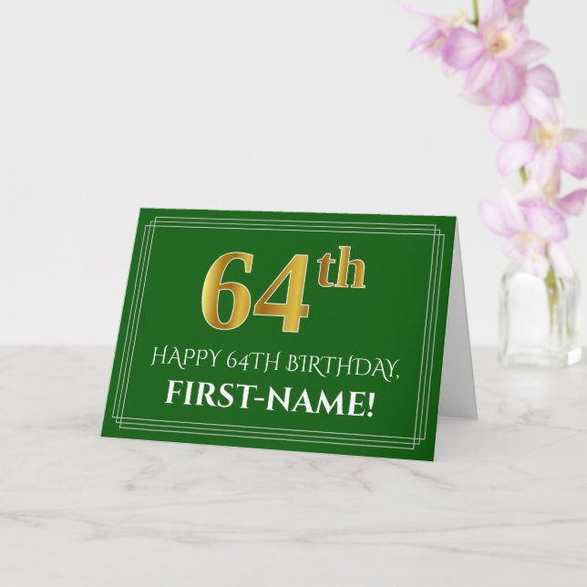 Carte Elégant Faux Gold Look 64e anniversaire, nom (vert (Orchidée)