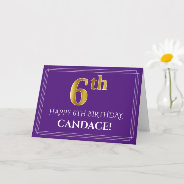 Carte Elégant Faux Gold Look 6e anniversaire, nom; viole (Petite plante)