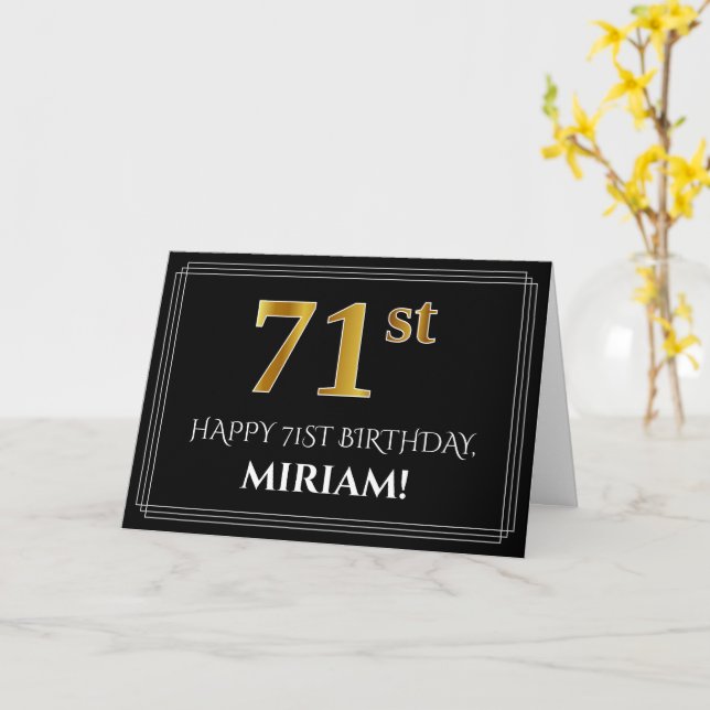 Carte Elégant Faux Gold Look "71ème" Anniversaire + Nom (Fleur jaune)
