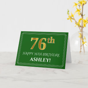 Carte Elégant Faux Gold Look 76e anniversaire, nom (vert